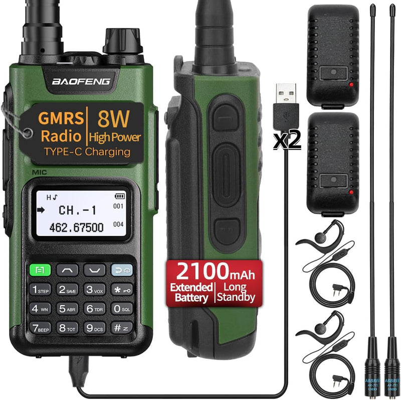 BAOFENG GM-15 Pro GMRS Radio 8W NOAA Weather Receiver Radio,GMRS Repeater Capable,Rechargeable Long Range Two Way Radio with Extended Battery USB-C Charger,2Pack Green-2Pack+2100mAh