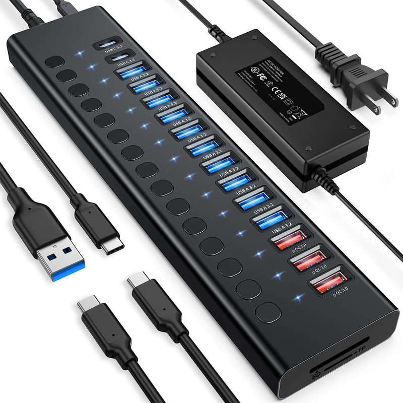 Powered USB Hub 10Gbps, 17 Ports 96W USB 3.2 Hub(10 USB-A 3.2 Ports+3 QC 24W Fast Charging Ports+2 USB-C 3.2 Ports+SD/TF Card Reader), 12V/8A Power Adapter for Laptop, PC, Computer, HDD,Flash Drive Black