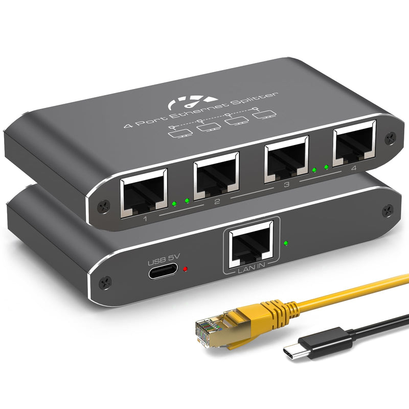 Ethernet Splitter 1 to 4 1000Mbps High Speed Internet Splitter, Gigabit Network Splitter with an Ethernet Cable and a USB Power Cable, 1 in 4 Out LAN RJ45 Splitter Work with Cat 6/7/8 Cable