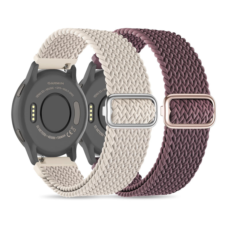 Sunnyson 2 Pack Braided Elastic Band Compatible with Garmin Venu/Venu Sq/Garmin Vivoactive 3/ Vivoactive 3 Music,20mm Adjustable Watch Band Nylon Woven Replacement Straps Wristband for Garmin Venu 2 Starlight+Purple