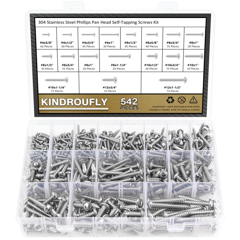 542 Pieces #4#6#8#10#12 Phillips Pan Head Self-Tapping Screws, Wood Screws Assortment Kit, 304 Stainless Steel