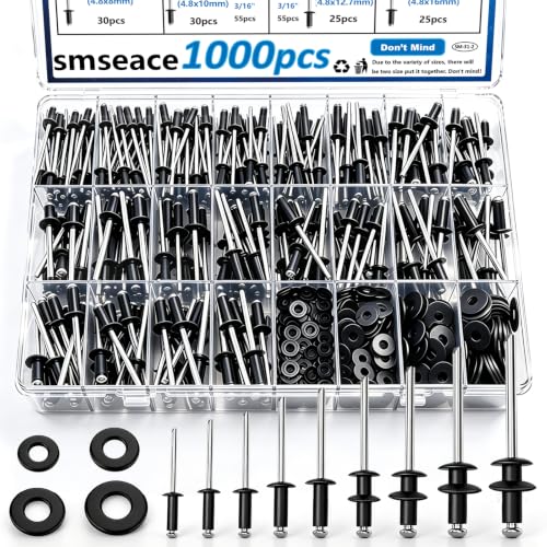 smseace 1000Pcs Pop Rivets with Washers Assortment Kit-14-Sizes SAE Black Rivets for Metal 3/32,1/8,5/32,3/16Inch 4-Sizes 304 Stainless Steel Washers for Metal, Furniture, Automotive, Instruments Black Aluminum 1000Pcs 14-Sizes