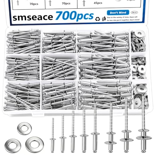 smseace 700Pcs 304 Stainless Steel Pop Rivets with Washer Assortment Kit 8-Sizes Stainless Rivets(1/8Inch 5/32Inch 3/16Inch) for Metal,Furniture,Automotive,Instruments Silver Stainless Steel 700Pcs 8-Sizes