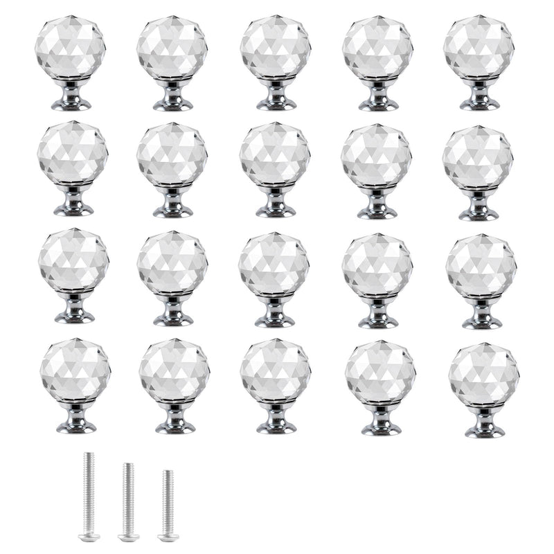 Crystal Glass Cabinet Knobs 20 Pack Diamond Drawer Pull Knob 30mm Clear Glass Dresser Knobs for Kitchen Cupboard Closet Door Round-20pack