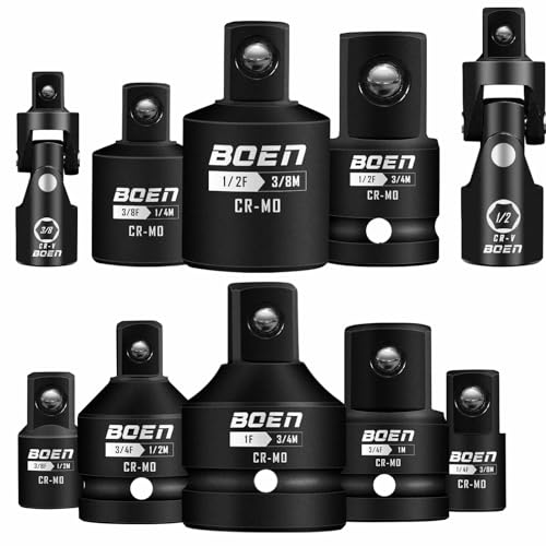 BOEN 10-Piece Impact Socket Adapter and Reducer Set, Standard SAE 1/4" 3/8" 1/2" 3/4", CR-MO Steel Driver & Wrench Conversion Kit Socket Reducer with 3/8" & 1/2" Universal Joint 10 Piece