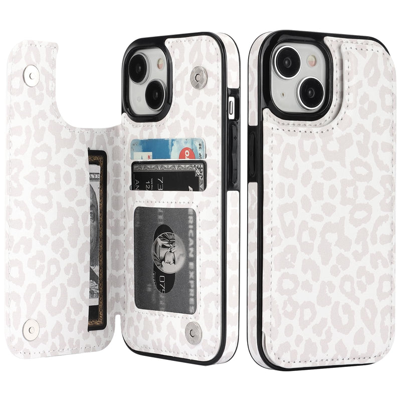 HAOPINSH for iPhone 15 Wallet Case with Card Holder, Floral Flower Pattern Back Flip Folio PU Leather Kickstand Card Slots Case for Women Girls, Double Magnetic Clasp Cover 6.1" (White Leopard) White Leopard