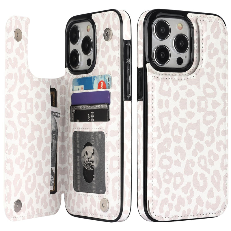HAOPINSH for iPhone 15 Pro Max Case Wallet with Card Holder, White Leopard Cheetah Pattern Back Flip Folio PU Leather Kickstand Card Slots Case for Women Girls, Double Magnetic Clasp Cover 6.7"