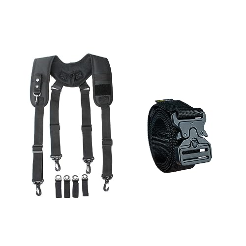 MELOTOUGH Tactical Duty Belt Harness Padded Adjustable Tool Belt Suspenders with Key Chin and Patch, Black(Large) + Quick Release Tool Belt 1.5 Inch Web Work Tool Belt for Tool Pouch, Construction