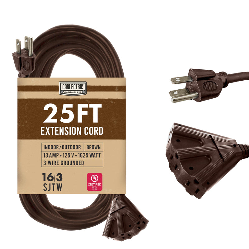 25 Ft Brown Extension Cord with 3 Electrical Power Outlet - 16/3 SJTW Heavy Duty Cable with 3 Prong Plug for Safety, 13 AMP for Heavy Appliances, Garden, Lawn, Lightning Decoration 25 Foot