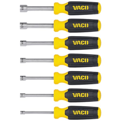 VACO VAC7070 7-Piece SAE Nut Driver Set, Laser Etched Sizes, Magnetic Tip, Hollow Shaft and Comfort Grip for Precise Hex Nut Driving