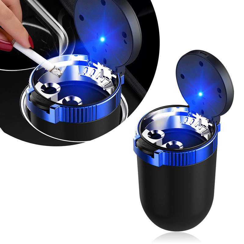 Kewucn Car Ashtray with Lid, Portable & Detachable Smokeless Ashtray, Mini Vehicle Stainless Steel Trash Can with LED Blue Light, Universal Accessories Fits Most Auto Cup Holder (Blue)