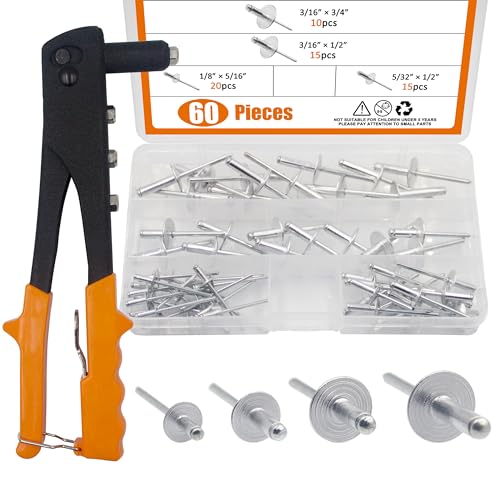 ISPINNER 60pcs Large Flange Aluminum Blind Rivets Assortment Kit with Heavy Duty Hand Riveter Rivet Gun Tool 1/8" 5/32" 3/16" Pop Rivets