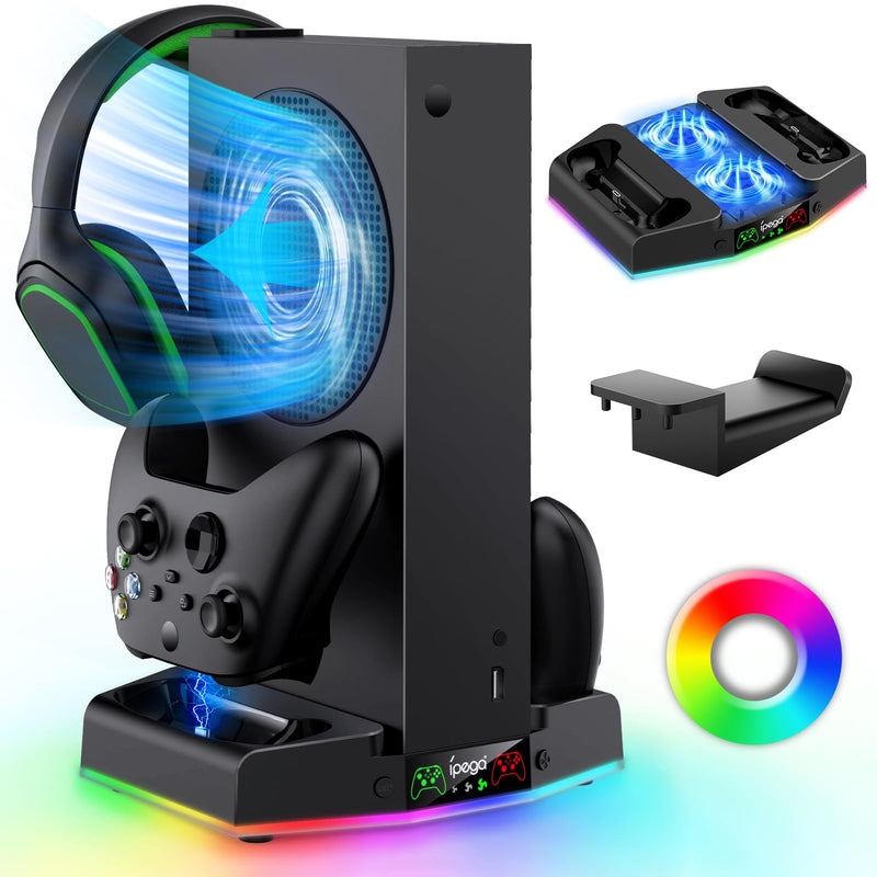 MENEEA Upgraded Cooling Fan Stand for Xbox Series S with Charger Station, Controller Charging Dock & Console Cooler System with 15 Colorful RGB Light & Headset Hook, Accessories for Xbox Series S Black