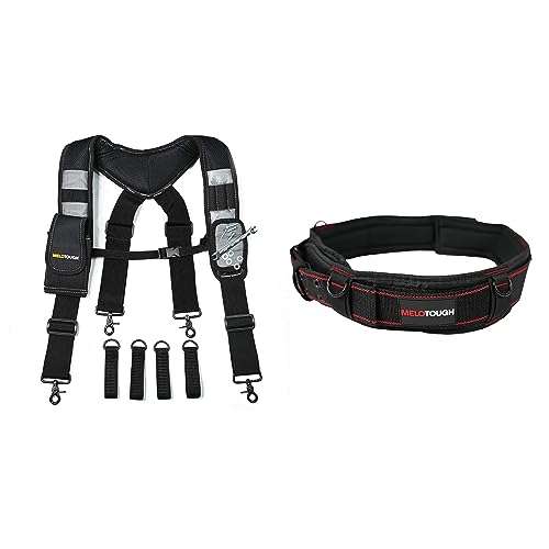 MELOTOUGH Magnetic Suspenders Tool Belt Suspenders with Large Moveable Phone Holder, Pencil Holder, Adjustable Size Padded Suspenders + Padded Tool Belt with D ring for men construction,adjustable