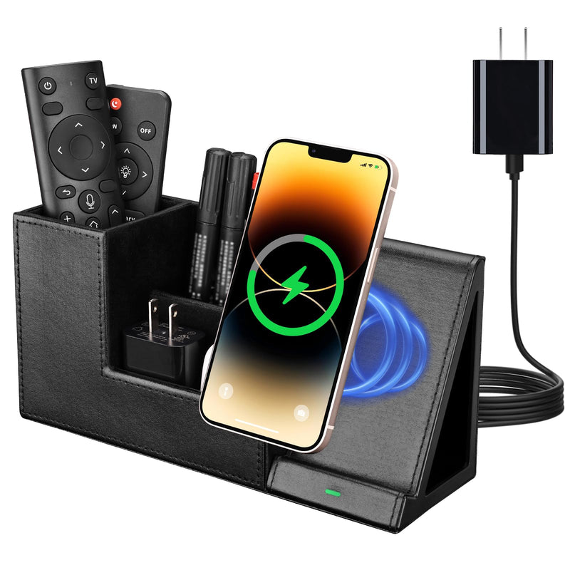 Wireless Charger with Desk Organizer, Fast Charging Station for iPhone 15 14 13 12 11 Pro Max/Samsung Galaxy S23/S22/S21/S20/Z Flip/Fold 5, Desk Phone Charger Stand Office Desktop Organizer Leather Black 1