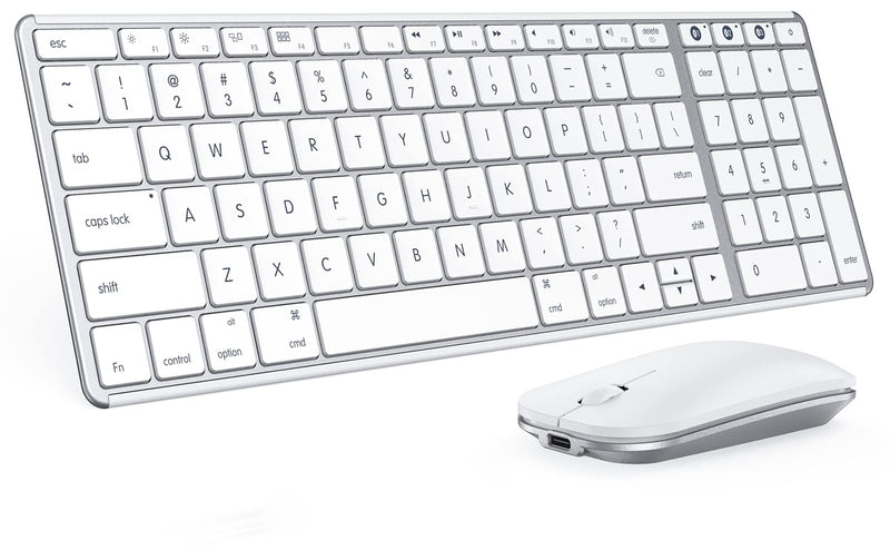 Wireless Bluetooth Keyboard and Mouse for Mac, Multi-Device Rechargeable Keyboard and Mouse Stainless Steel Full Size, Compatible with MacBook Pro/Air, iPad, iMac - White Silver