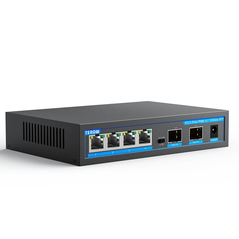 4-Port 2.5Gb PoE Switch add 2-Port 10Gb SFP+, TEROW 6 Ports 2.5G POE+ Switches Base-T & 2*10G Ethernet, New version-IEEE802.3af/at, up to 30W, Desktop/Wall Mount, Ideal for AP, Home,Gaming,Office 6-Port |4 x 2.5G Poe+2 x 10G SFP