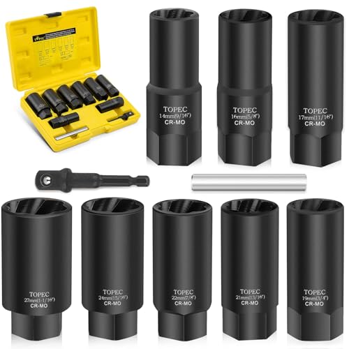 TOPEC 10PCS Deep Lug Nut Remover Heavy Duty, 1/2" Drive Impact Wheel Lock Removal Kit, Spiral Type Lug Nut Removal Tool for Removing Stripped, Broken, Damaged, Rounded Bolts, Nuts & Screws 10 PCS