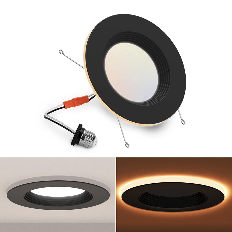 POWERASIA 1 Pack Black 5/6 Inch LED Can Lights with Night Light, 5CCT Retrofit Recessed Lighting Selectable 2700K-6000K Dimmable, 12W=75W, 1200LM Downlight with Metal Smooth Trim-ETL and Energy Star 5CCT+NT-BK 1PACK-6IN