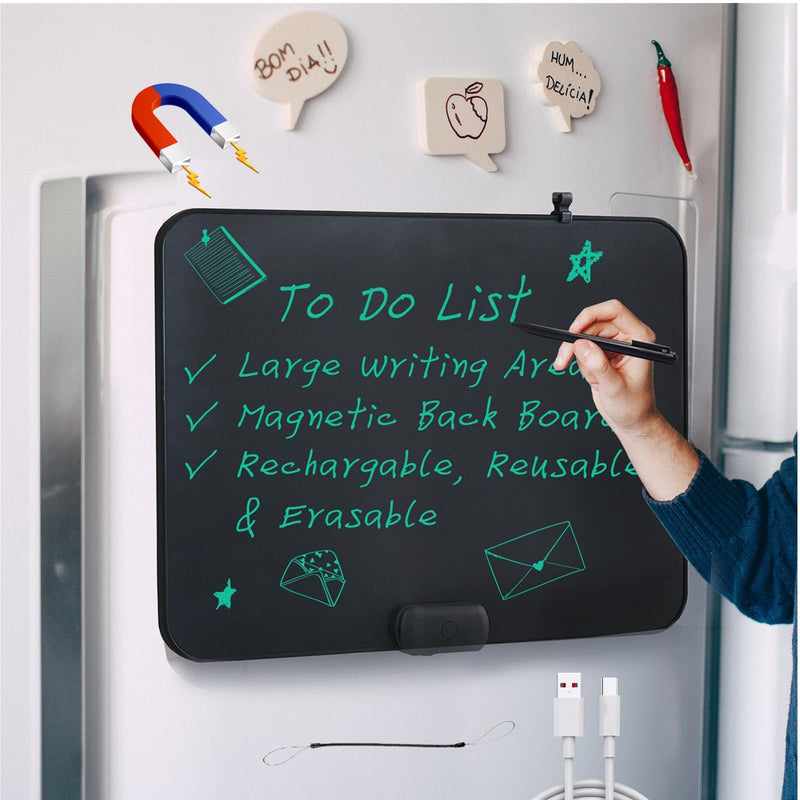 ROYALITA 20-Inch LCD Writing Tablet, Writing Board Note Board for Fridge, Dry-Erase & Sticky Note Alternative for Home & Office, Large Reusable Writing Pad with Built-in Magnets & Instant Erase Black