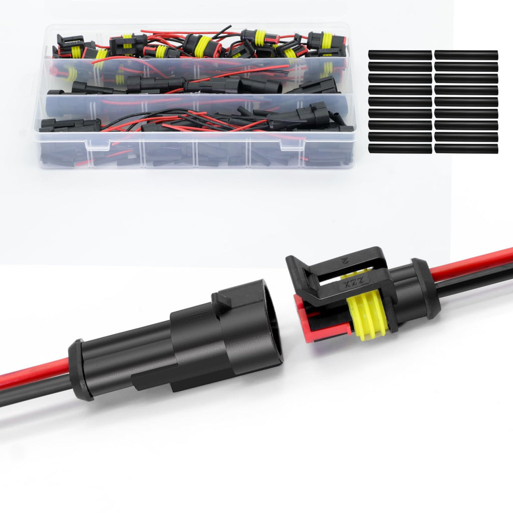 10 Kits 16 AWG 2 Pin Waterproof Automotive Wire Electrical Connectors, 2 Wire Connectors with 16 Gauge Wire and Heat Shrink Tubing for Auto Motorcycle