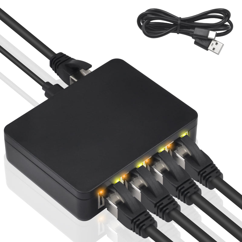 Poyiccot RJ45 Ethernet Splitter 1000mbps, High Speed Ethernet Splitter 1 to 4, Gigabit RJ45 Network Adapter with USB Power Cable for Cat5, Cat6, Cat7 [4 Devices Simultaneous Networking] Black RJ45 1 to 4