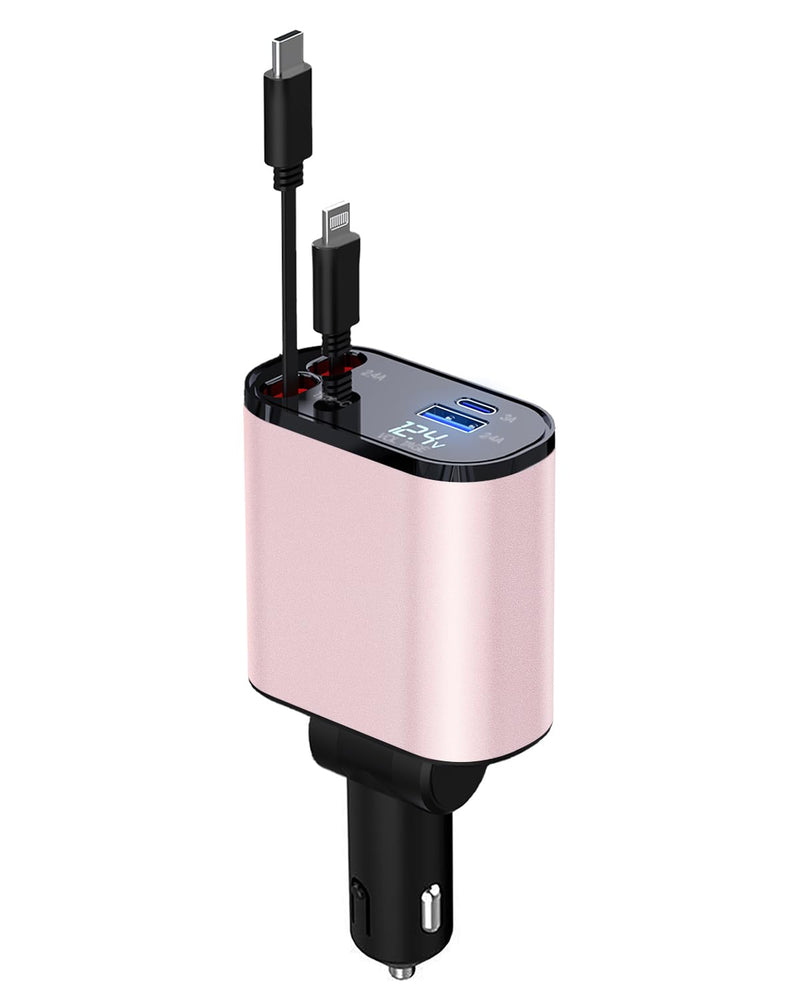 Retractable Car Charger, 4 in 1 Fast Car Phone Charger 66W, 2 Retractable Cables and USB Car Charger, USB C Car Charger for iPhone 15/14/13/12/11, Galaxy, Pixel Type C+Lightning (Pink)