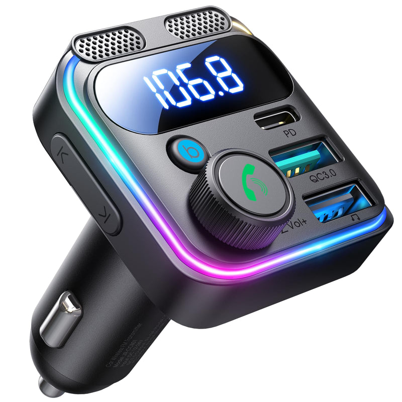 JOYROOM Bluetooth 5.3 FM Transmitter Car Adapter [Stronger Dual Mics & HiFi Deep Bass Sound] 48W PD & QC 3.0 USB C Car Charger Cigarette Lighter Adapter Hands-Free Calling Radio Support USB Drive Black Bluetooth FM Transmitter Car