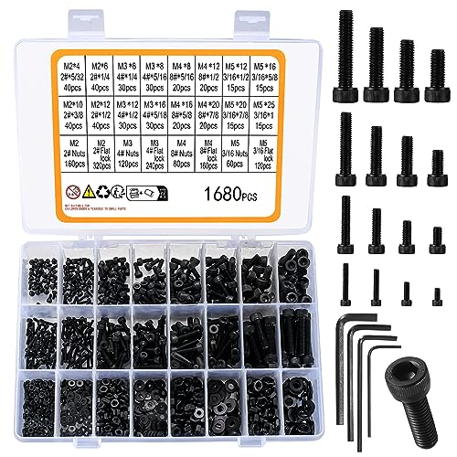 1680 Pcs M2 M3 M4 M5 Metric Hex Head Bolts and Nuts and Washers Set, Hex Socket Head Cap Screws Bolts and Nuts and Washers Assortment Kit, Black Machine Screws Set 1680