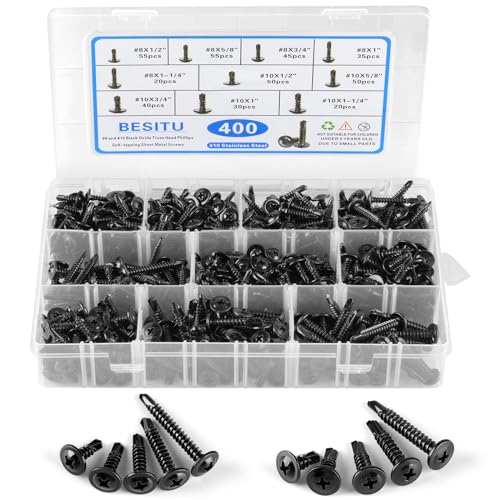 Besitu 400PCS Self Tapping Screws, 410 Stainless Steel Self Drilling #8#10 Black Oxide Sheet Metal Screw, Length 1/2" to 1-1/4'', Truss Head Wood Screws Assortment for Metal, Plastic and RV #8 #10