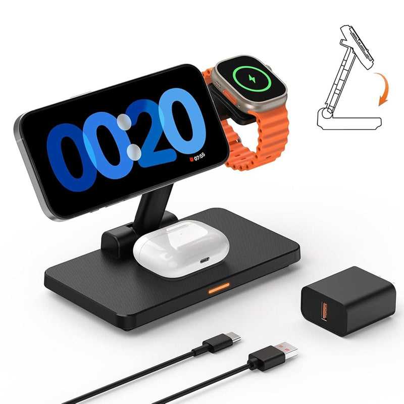 Wireless Charging Station for iPhone Mag-Safe: JoyGeek 3-in-1 Foldable Charger Phone Stand Charge for iPhone 16/15/14/13/12 Pro/Max/Plus - for AirPods - for Apple Watch 2-10/Ultra Carbon Black