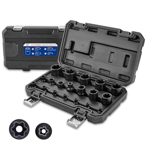 AKM 19PCS External Torx Plus Socket Set,6 Point EP Socket EP4-32 with 1/2’’ 3/8’’ 1/4'' Dr. EP8.8 compatible with Tesla, E-Torx Star Torque Sockets Set, Cr-v steel with High Impact Storage Case