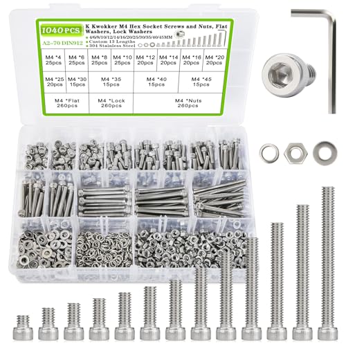 1040PCS M4 Nuts and Bolts Assortment Kit 4mm-45mm, 304 Stainless Steel M4 Screw Assortment, Hex Socket Head Cap Machine Screws Bolts and Nuts Kit Silver 4/6/8/10/12/14/16/20/25/30/35/40/45mm B.M4