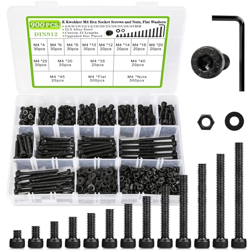 900PCS M4 Nuts and Bolts Assortment Kit 4mm-45mm, Upgraded Zinc Plated 12.9 Alloy Steel M4 Screw Assortment, Hex Socket Head Cap Machine Screws Bolts and Nuts Kit 4/6/8/10/12/14/16/20/25/30/35/40/45MM A.M4