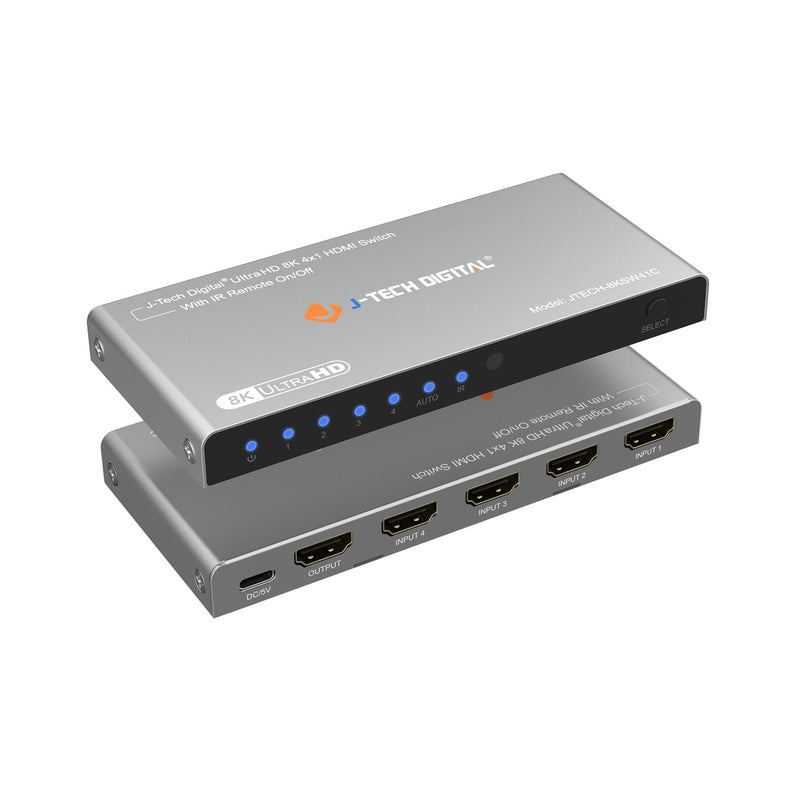J-Tech Digital HDMI Switch 4K 120hz, 2.1 Switch 4 in 1 Out, 8K 60Hz 1080P 240Hz IR Remote Auto Switch USB C Power Cable, Compatible with HDR & Dolby Vision ALLM VRR QFT [JTECH-8KSW41C] 8K 4X1 HDMI Switch
