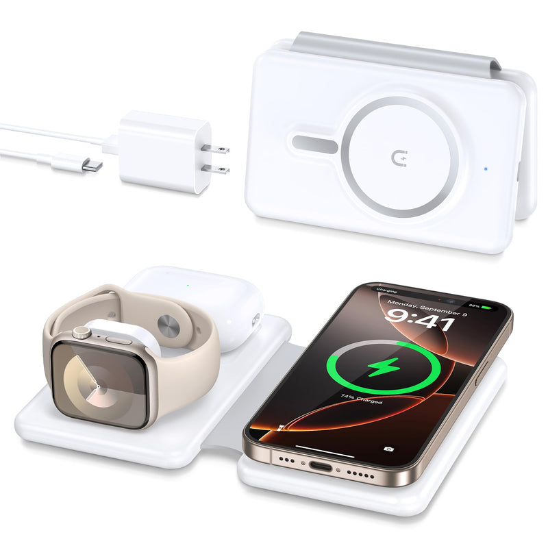 Magnetic Wireless Charger for iPhone: 3 in 1 Travel Charging Station for Apple Devices for iPhone 16 15 14 13 12 Pro Max Plus - Foldable Charging Pad for Apple Watch Series & Airpods 3 2 Pro White