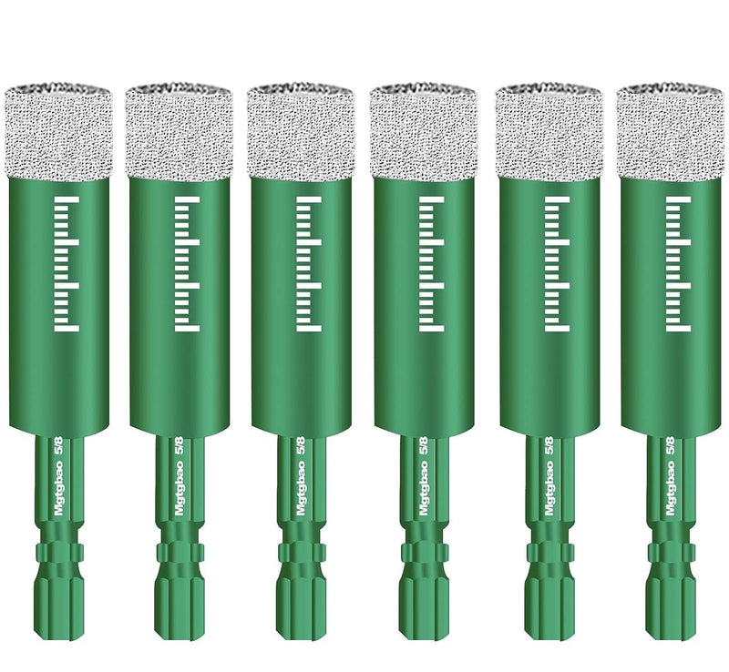 6pc 5/8” Green Dry Diamond Drill Bits Set, 16mm Hex Shank Core Drill Bit Brazed with Cooling Wax for Porcelain Tile Ceramic Concrete Granite Marble Hard Materials (not for Wood). 5/8 in 6