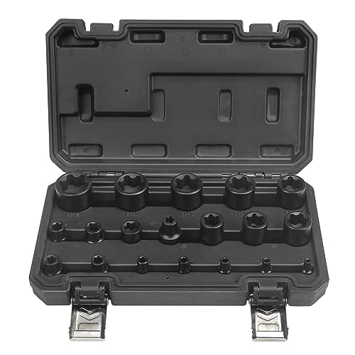 19pc External Torx Plus Socket Set 6 Point EP4, EP5, EP6, EP7, EP8, EP10, EP11, EP12, EP14, EP16, EP18, EP20, EP22, EP24, EP26, EP28, EP30, EP32 with 1/2'' 3/8'' 1/4'' Dr E-Torx Plus Socket
