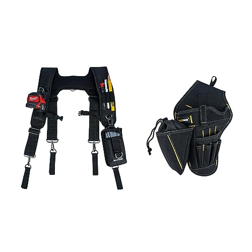 MELOTOUGH Tool Belt Suspenders Construction Bag Suspenders Padded Work belt Suspenders + Drill Holster Impact Driver Holster with Bit Pouch Heavy Duty Impact Holster for Tool Belt (Left Hand)