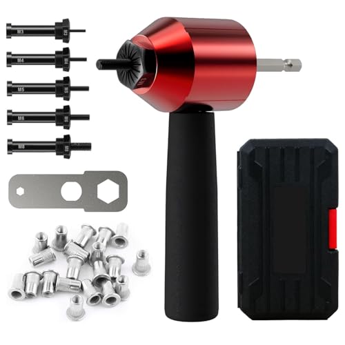 26Pcs Rivet Nut Drill Adapter M3 M4 M5 M6 M8 Metric Mandrel Rivet Nut Thread Insert Aluminum Drill Attachment Tool Set Red Adapter with Nuts & Mandrels