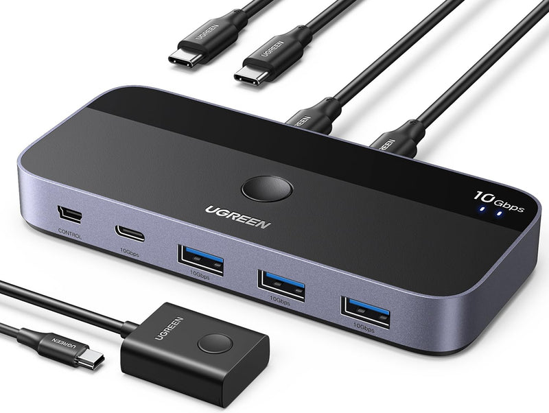 UGREEN USBC Switch 2 Computers Share 4 USB 3.2 Ports, 10Gbps Switcher Selector for PC Laptop Keyboard Mouse, Sharing Switch Adapter with 2 USB-C to C Data Cables and Remote