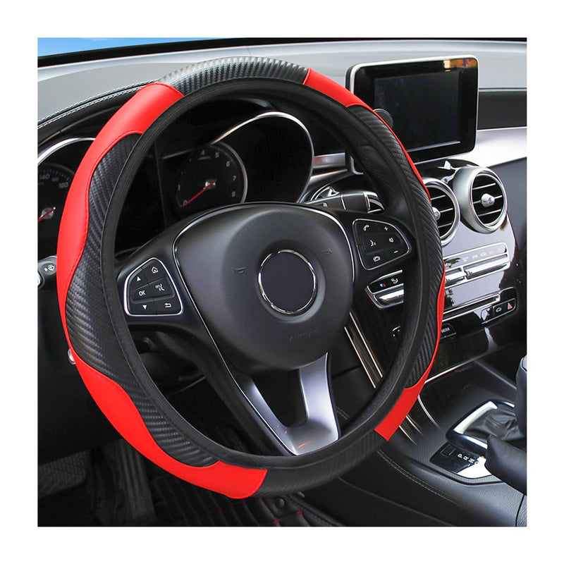 Car Steering Wheel Cover, 15 inch Carbon Fiber Microfiber PU Leather Elastic Steering Wheel Protector for Men Women, Anti-Slip Breathable Car Interior Accessories for Most Cars (Red) Red