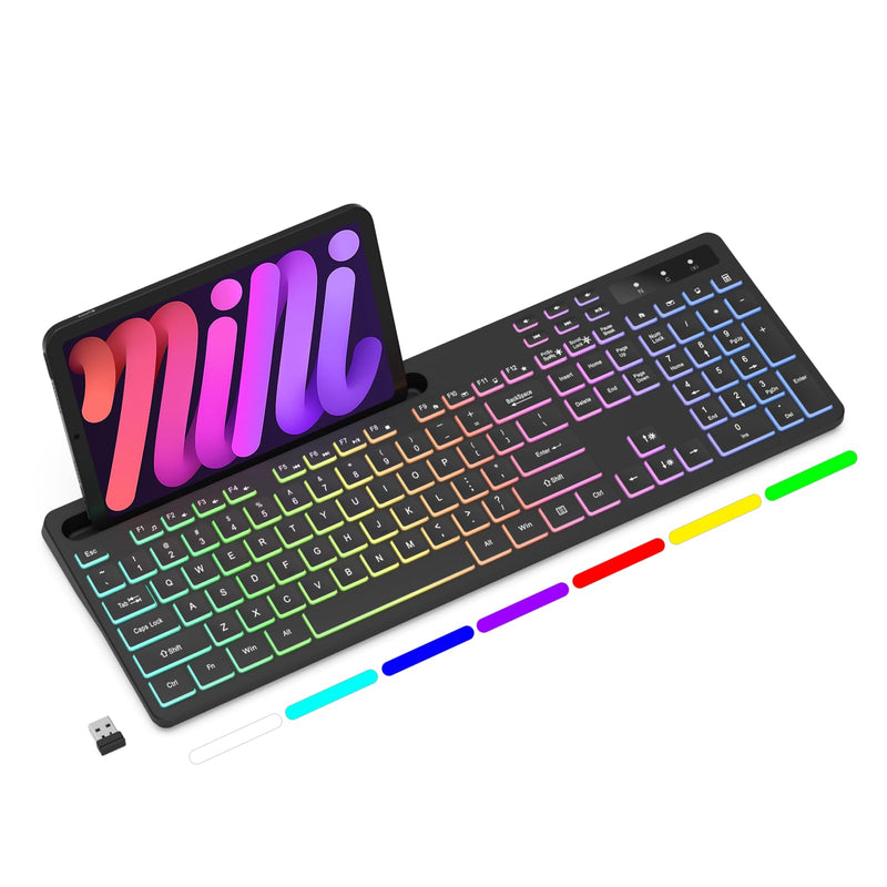 Wireless Keyboard with 7-Color RGB Backlit, Full-Size Computer Keyboard with Phone Tablet Holder, Rechargeable 2.4G Wireless Gaming Keyboard with Light Up Key, Compatible with Mac, Windows