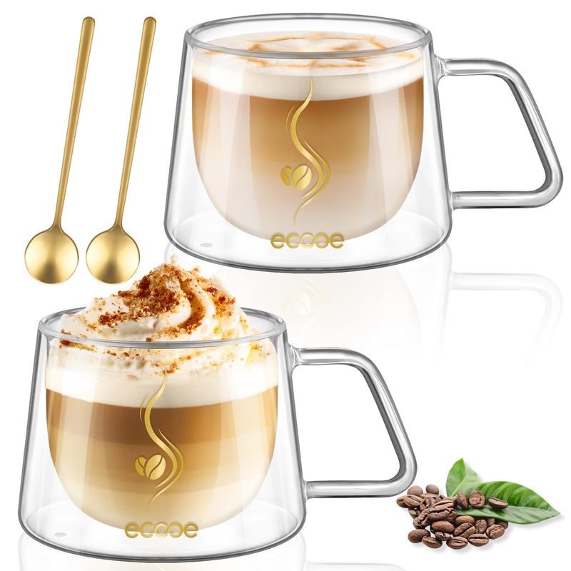 ecooe Double Walled Glass Coffee Mug 12oz Cappuccino Latte Macchiato Cups Set of 2 Clear Glass Coffee Cups with Handle, Double Wall Glass Cup for Tea Milk Juice Ice Cream, Birthday Gifts for Mum Dad Type5-12oz