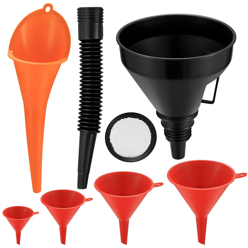 6 Pcs Automotive Funnels Set, Wide Mouth Fuel Funnels, Plastic Long Neck Oil Funnels, Flexible Right Angle Funnels, with Detachable Spout and Filter for Water/Gasoline/Coolant/Engine Oil