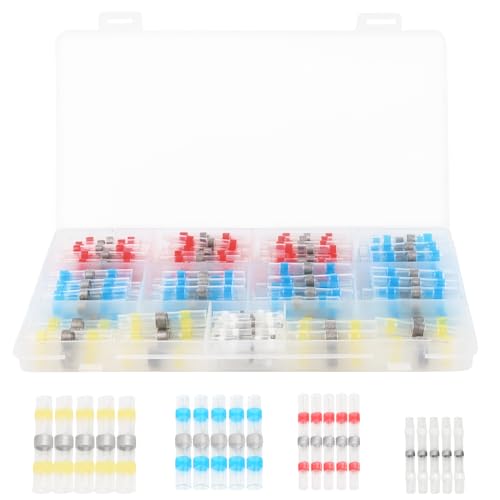 Solder Connectors, Heat Shrink Connectors, 200 Pieces, Car Cable Connector Set, Butt Connector, Cable Crimp Connector Set, Heat Shrink Tube with Solder, 4 Sizes 26-10 AWG, for Car, Marine, Boat (White, Red, Blue, Yellow)