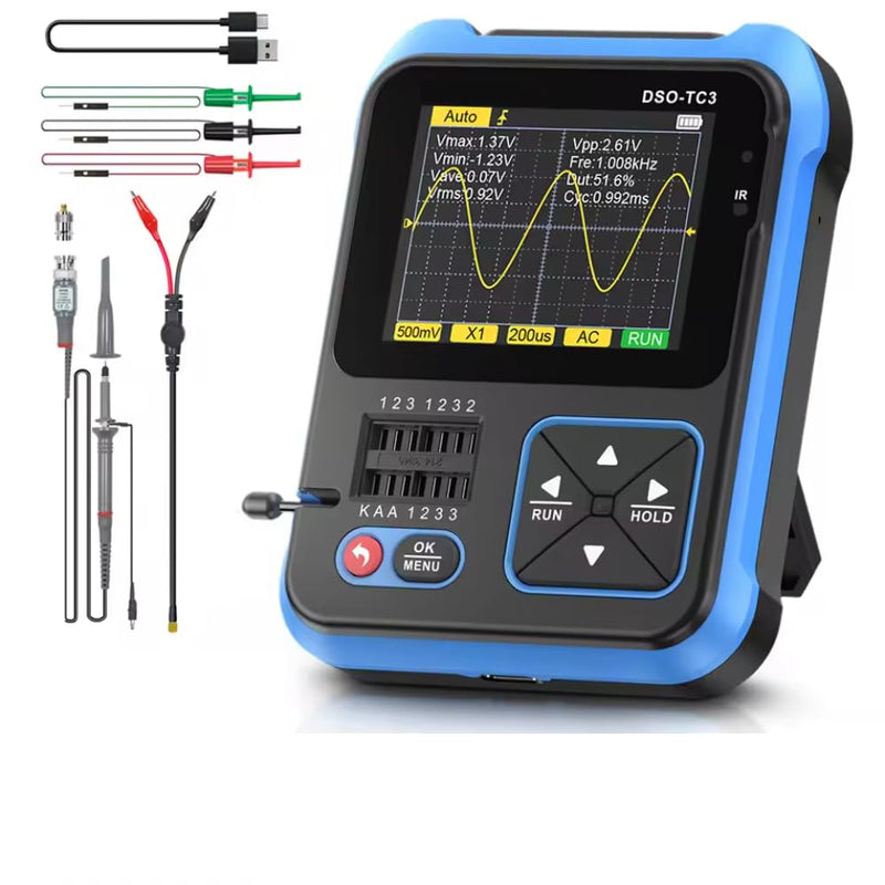 DollaTek DSO TC3 Digital Oscilloscope, 3-in-1 Handheld Oscilloscope, Transistor Tester, LCR Table USB Resistance Tests, Capacity and with 2.4 Inch HD Color Screen, PWM Rectangular Output Signal Generator