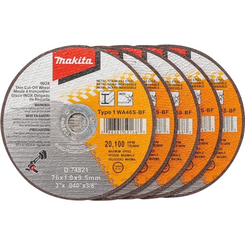 Makita 3 inches X .040 inches X 3/8 inches Type 1 General Purpose 46 Grit Thin Cutoff Wheel For Metal And Stainless Steel Cutting, 5/pk