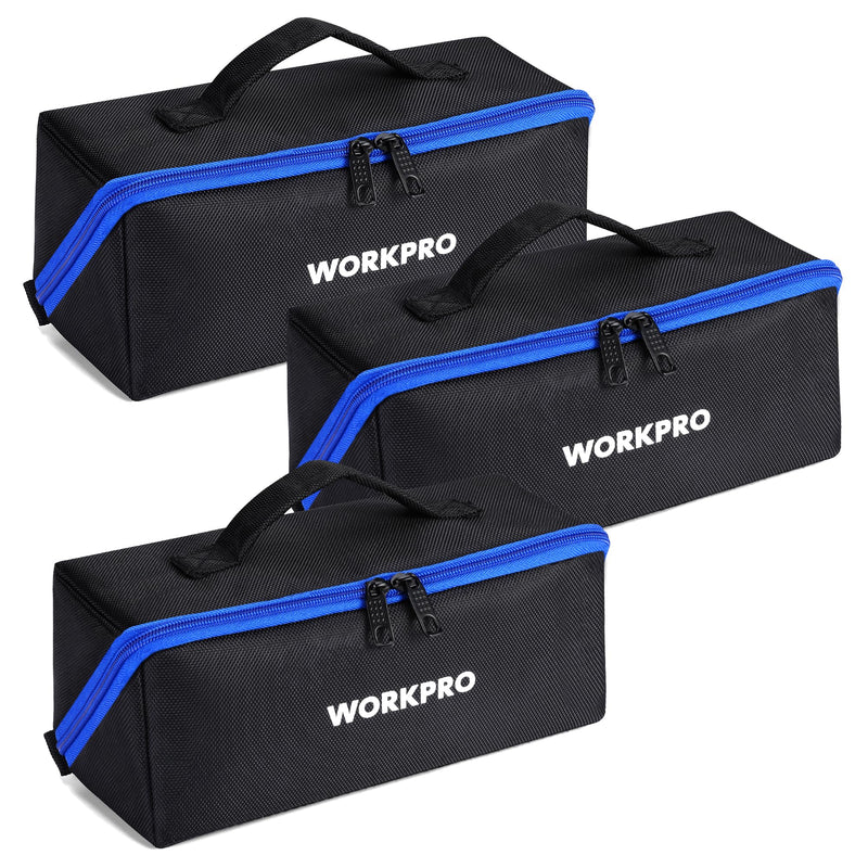 WORKPRO Tool Bag with Zipper, 10" Utility Wide Mouth Heavy Duty Tool Storage Bag, Multipurpose Zipper Tool Pouch Tote Bag for Organizer 3-pack Black