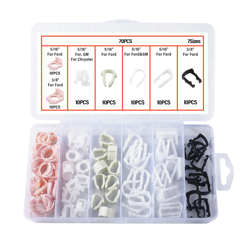 70PCS Car Fuel Line Clips,7 Size Nylon Fuel Line Repair Kit Replacement 3/8" & 5/16" Fuel Line Clamp,Durable Fuel Hose Retainer Clips Compatible with Ford GM Chrysler 70PCS